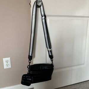 THINK ROYLN Black Quilted Messenger Bag with Black-and-White Striped Strap